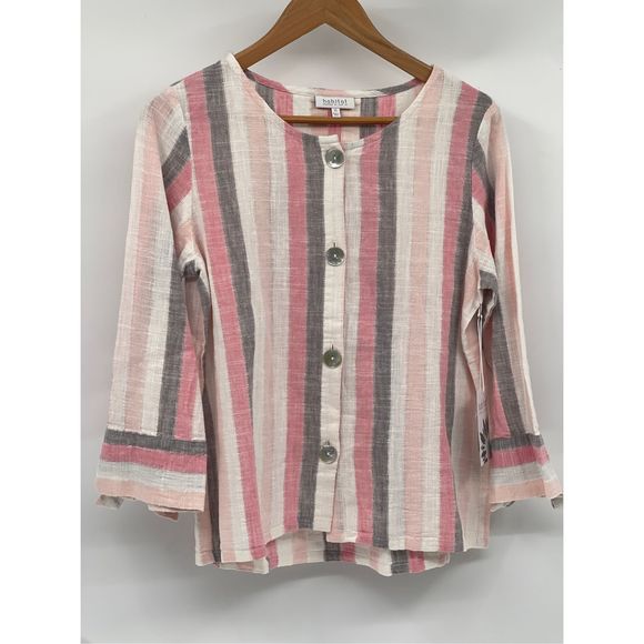 Habitat Linen Short Top Button Up Women XS Pink White Gray Stripe Long Sleeve Ne - Picture 1 of 13